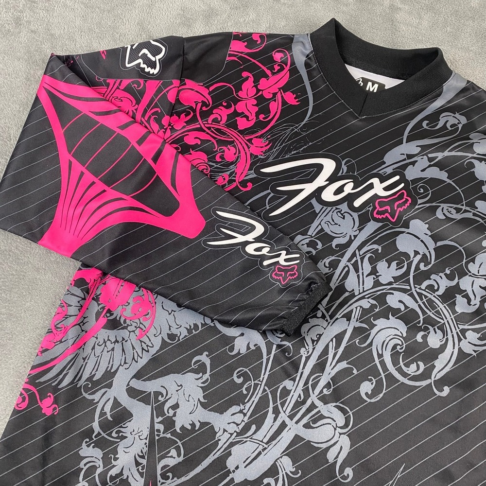 Vtg Y2K Fox Mens M Racing HC Motocross Jersey Black Pink Scroll Graphic 02024